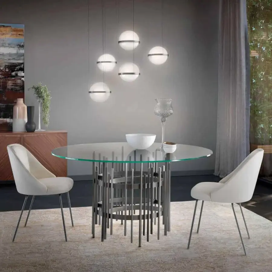 Captivating Pacini & Cappellini Tube round table with transparent tempered glass and titanium painted tubular metal base