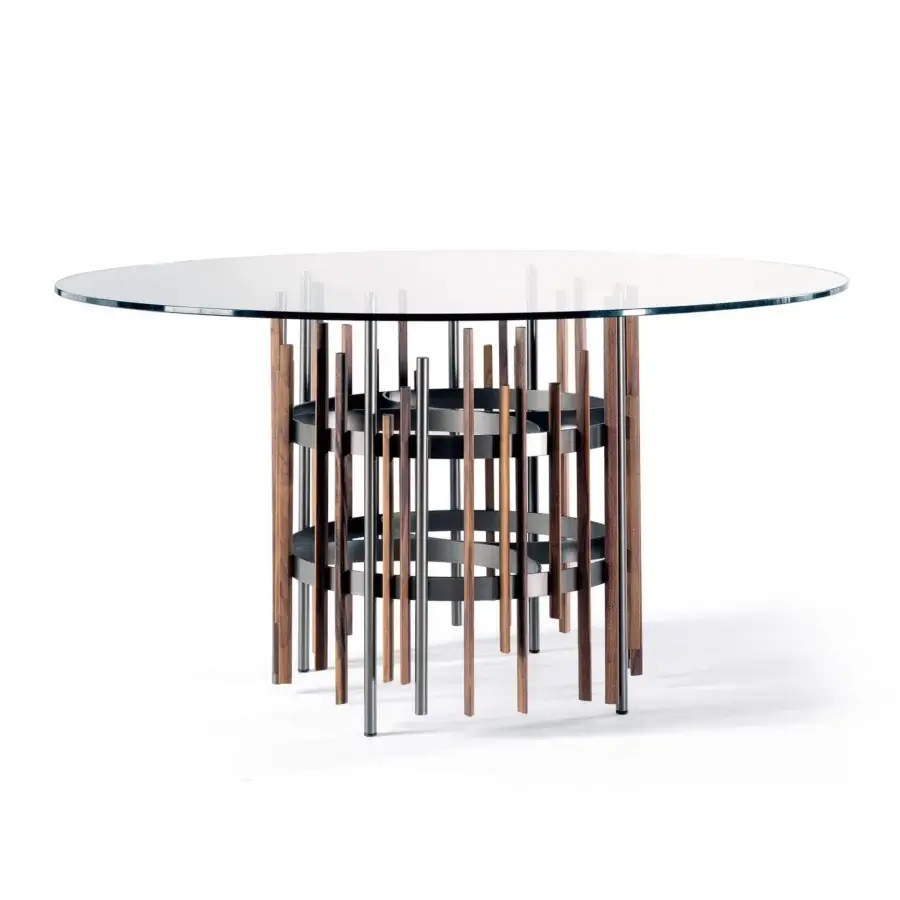 Distinguished Pacini & Cappellini Tube table with titanium-painted metal and solid ash strips supporting a round tempered glass top