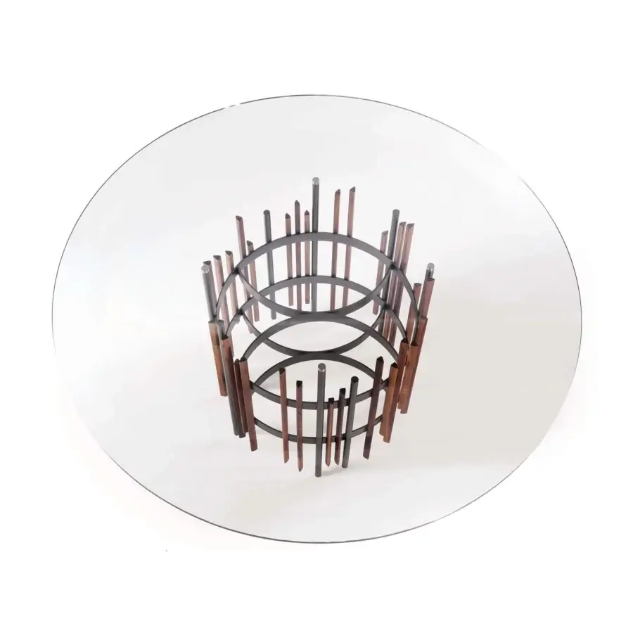 Exceptional Pacini & Cappellini Tube table with tempered glass, titanium-painted metal rings and smooth ash wood supports