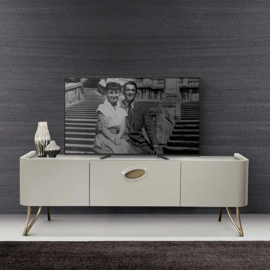 Distinguished BelMondo Pangea TV stand with glossy wood composite body and gold-toned oval detail supported by angled metal legs