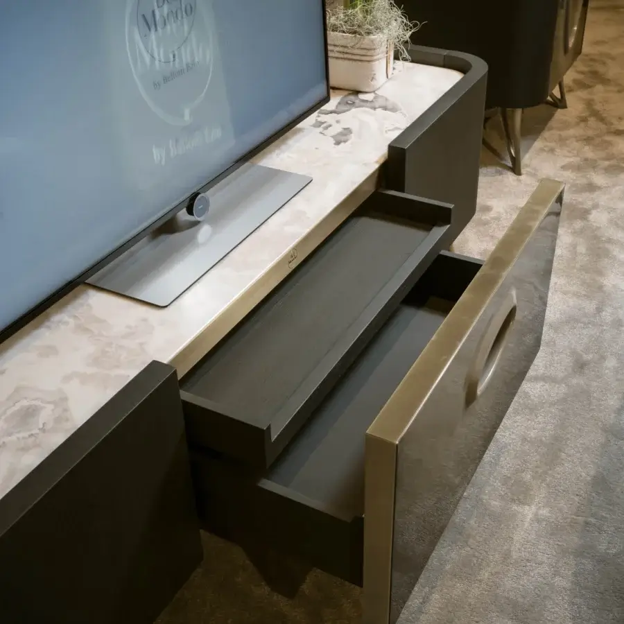 Meticulous BelMondo by Bellotti Ezio Pangea TV stand with dark gray wood and lighter marble-patterned top crafted in a matte finish