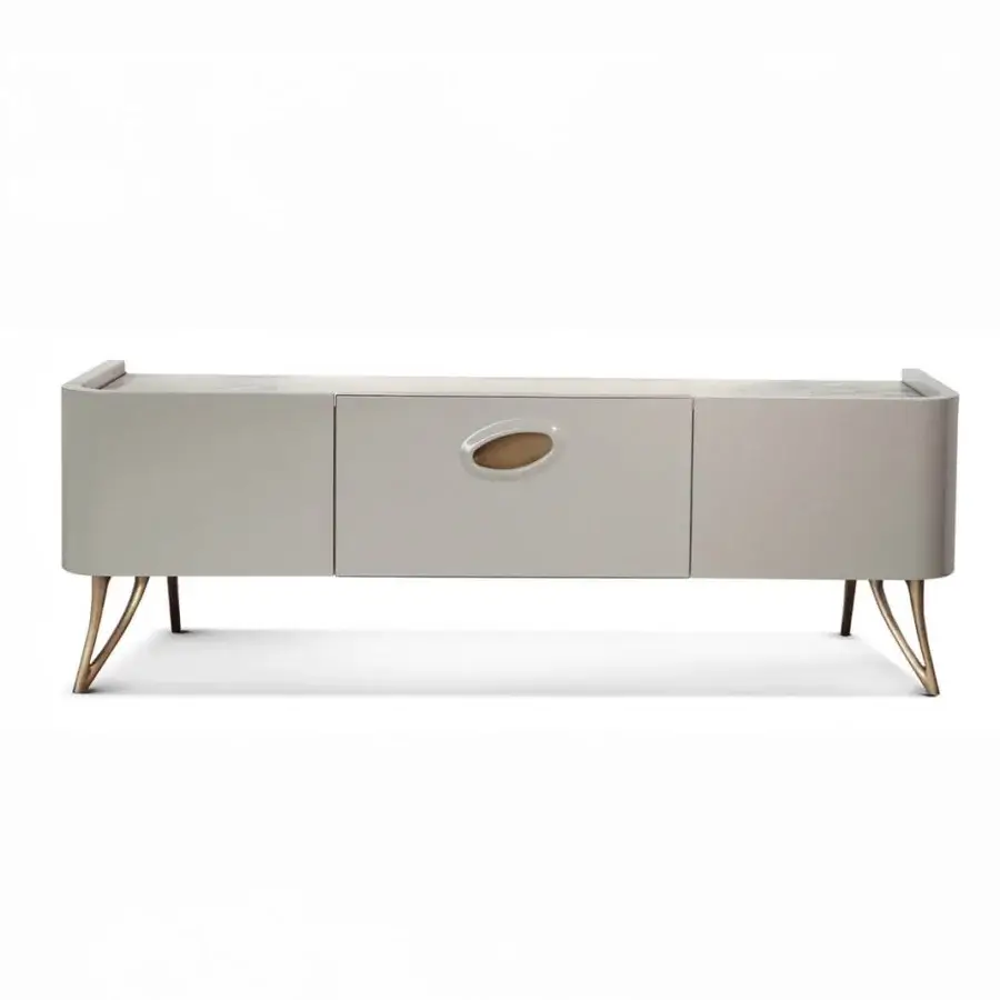Distinguished BelMondo by Bellotti Ezio Pangea TV stand with light gray painted wood and angled gold tone metal legs in a smooth matte finish