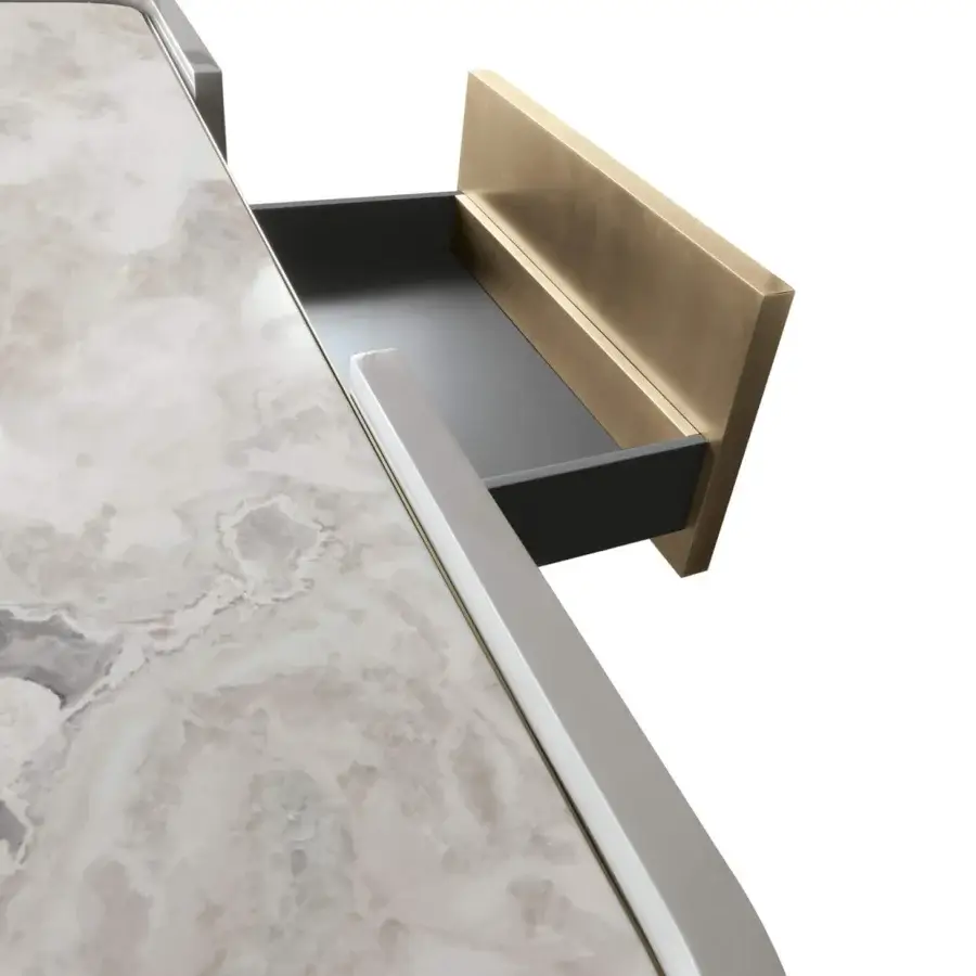 Distinguished BelMondo by Bellotti Ezio Pangea TV stand with beige and gray marbled top and sleek gray matte frame built with golden trim