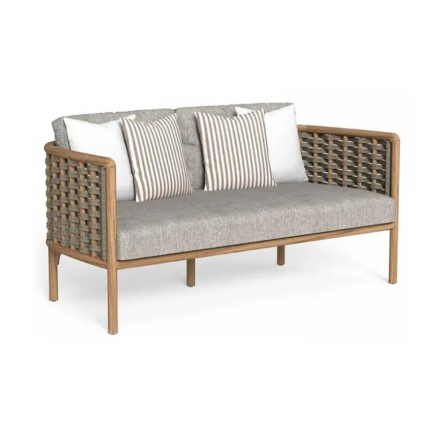 Distinguished Talenti Prichi sofa with teak wood frame and gray synthetic ropes woven with comfortable gray fabric seat cushions