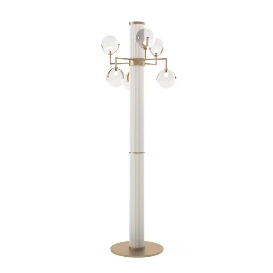 Distinguished Turri Madison floor lamp with ivory metal and satin metal arms supporting illuminated transparent spheres