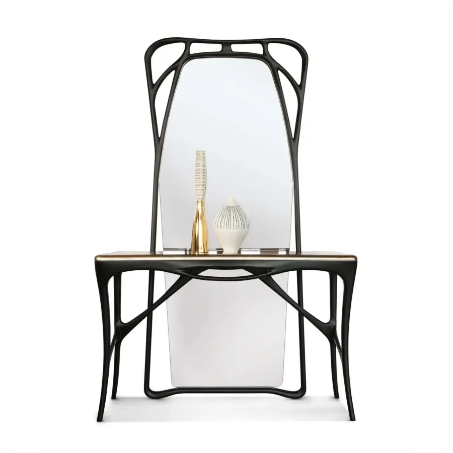 Exceptional BelMondo by Bellotti Ezio Febe console with a light tabletop and black frame built with gold accents and a rectangular mirror
