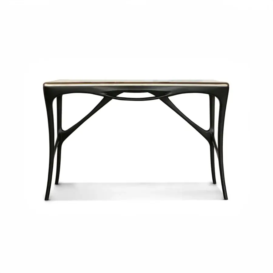 Exceptional BelMondo by Bellotti Ezio Febe console crafted in varying brown tones glossy wood with a dark matte base