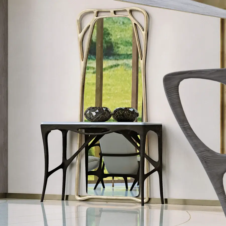 Captivating BelMondo by Bellotti Ezio Febe console with a dark wood-like frame and contrasting white marble-like top built in Italy