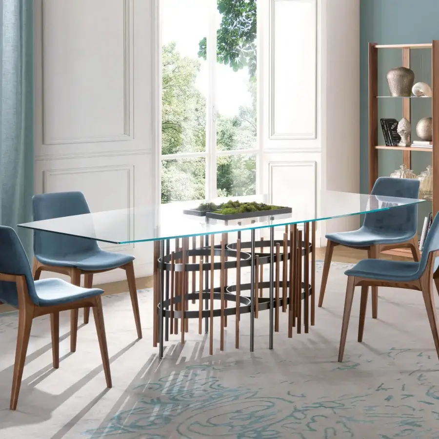 Sophisticated Pacini & Cappellini Tube table with a clear tempered glass top and titanium-painted metal with solid ash wood slats
