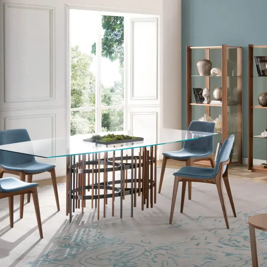 Distinguished Pacini & Cappellini Tube table with tempered glass top and titanium-painted metal built with solid ash strips