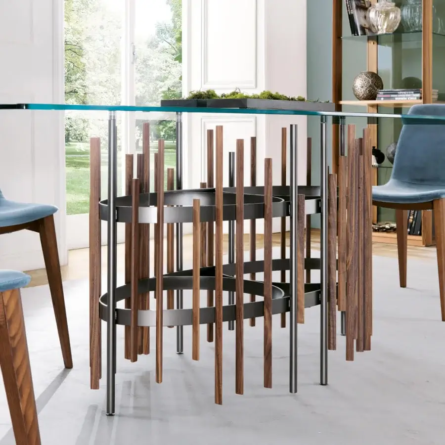 Superior Pacini & Cappellini Tube table with rectangular tempered glass and titanium-painted metal with solid ash base