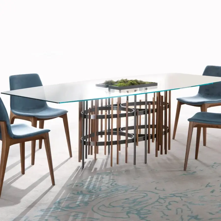 Distinguished Pacini & Cappellini Tube table with transparent tempered glass and titanium-painted metal built with solid ash strips