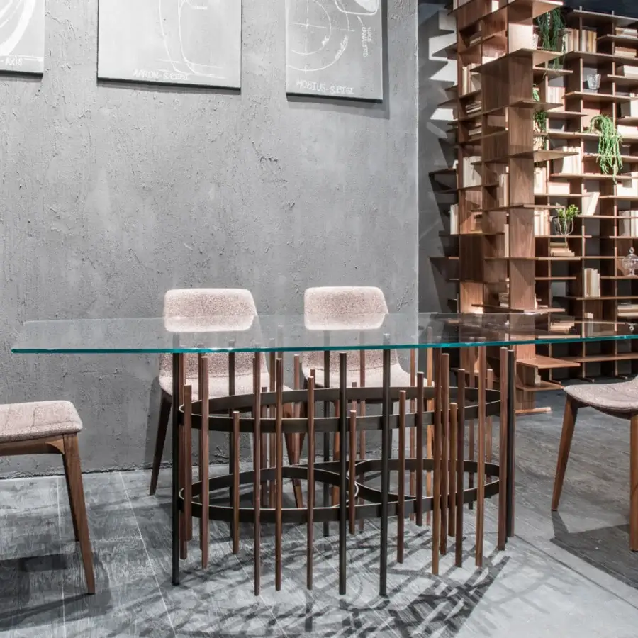 Distinguished Pacini & Cappellini Tube table with rectangular tempered glass and titanium-painted metal built with solid ash strips