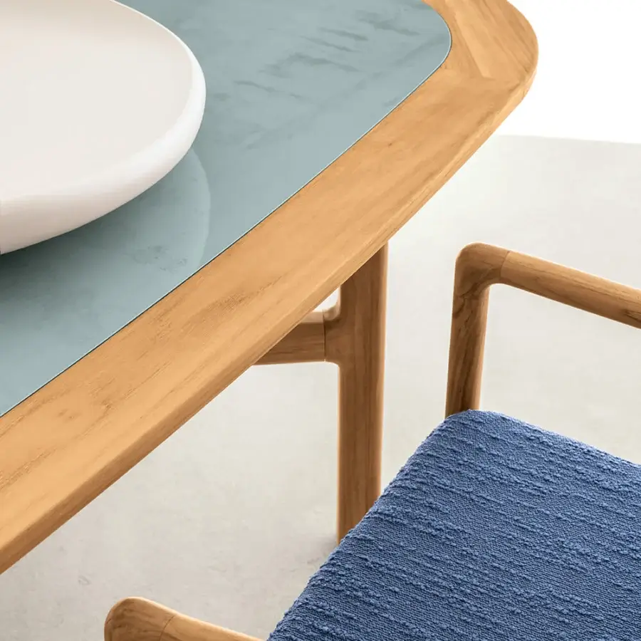 Superior Talenti Jun armchair with cozy blue fabric and light natural solid teak wood frame