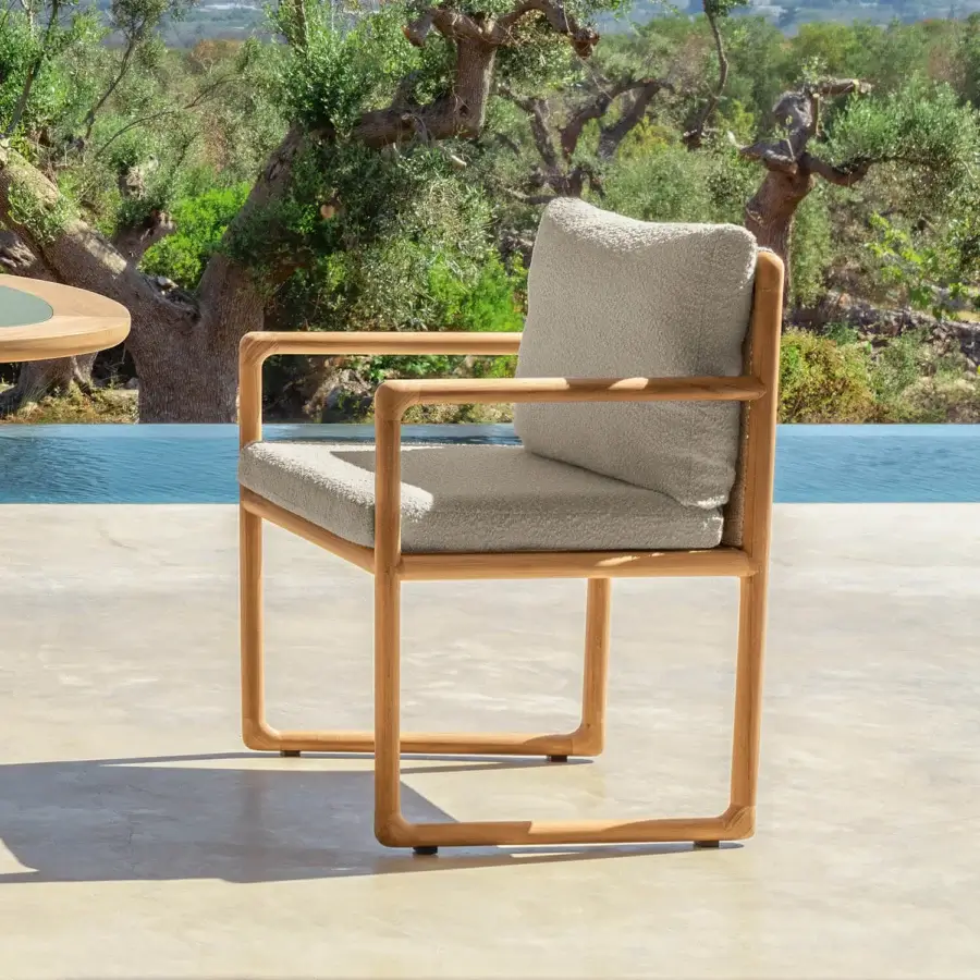 Exceptional Talenti Jun armchair with light gray soft boucle cushions and smooth light brown solid teak wood frame
