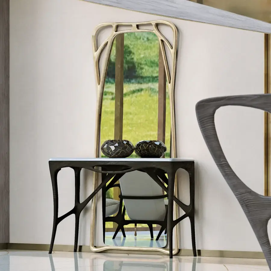 Distinguished BelMondo by Bellotti Ezio Febe mirror with curved metal frame and glossy golden finish embodies art nouveau design