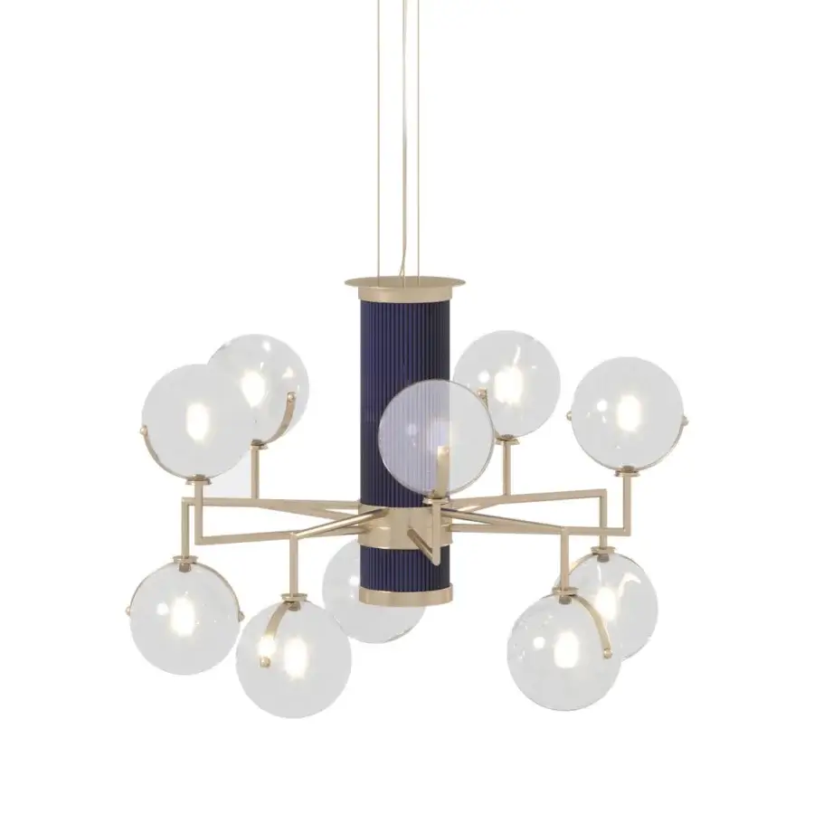 Exceptional Turri Madison lamp with ten transparent illuminated spheres and a dark blue grooved column built with satin metal arms
