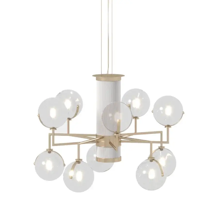 Elegant Turri Madison lamp with ten transparent illuminated spheres and gold-tone satin metal arms
