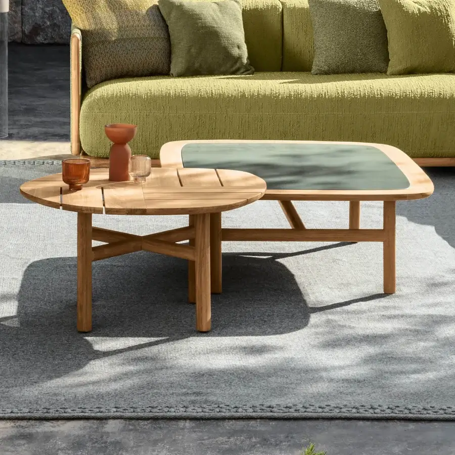 Exceptional Talenti Jun coffee table with natural teak structure and rectangular gres top in a fresh green tone