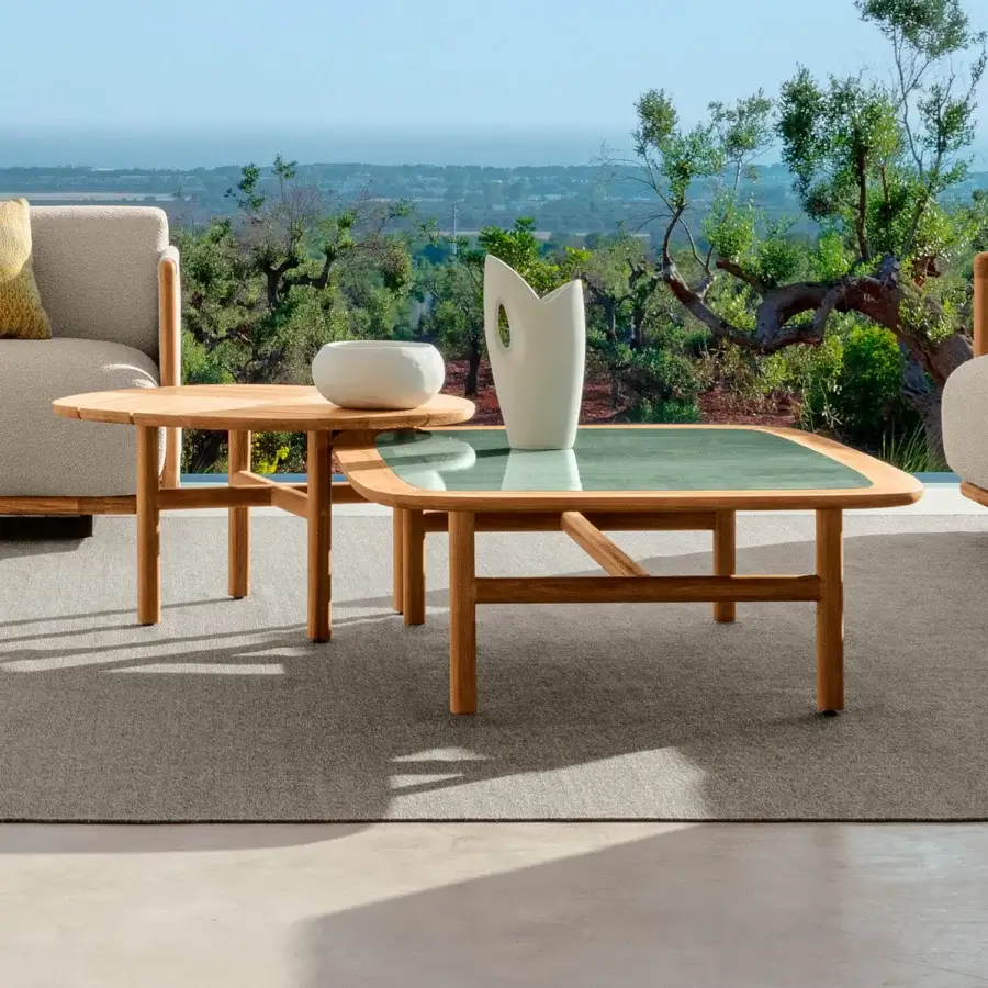 Exceptional Talenti Jun coffee table with natural teak structure and light green gres top with smooth finish