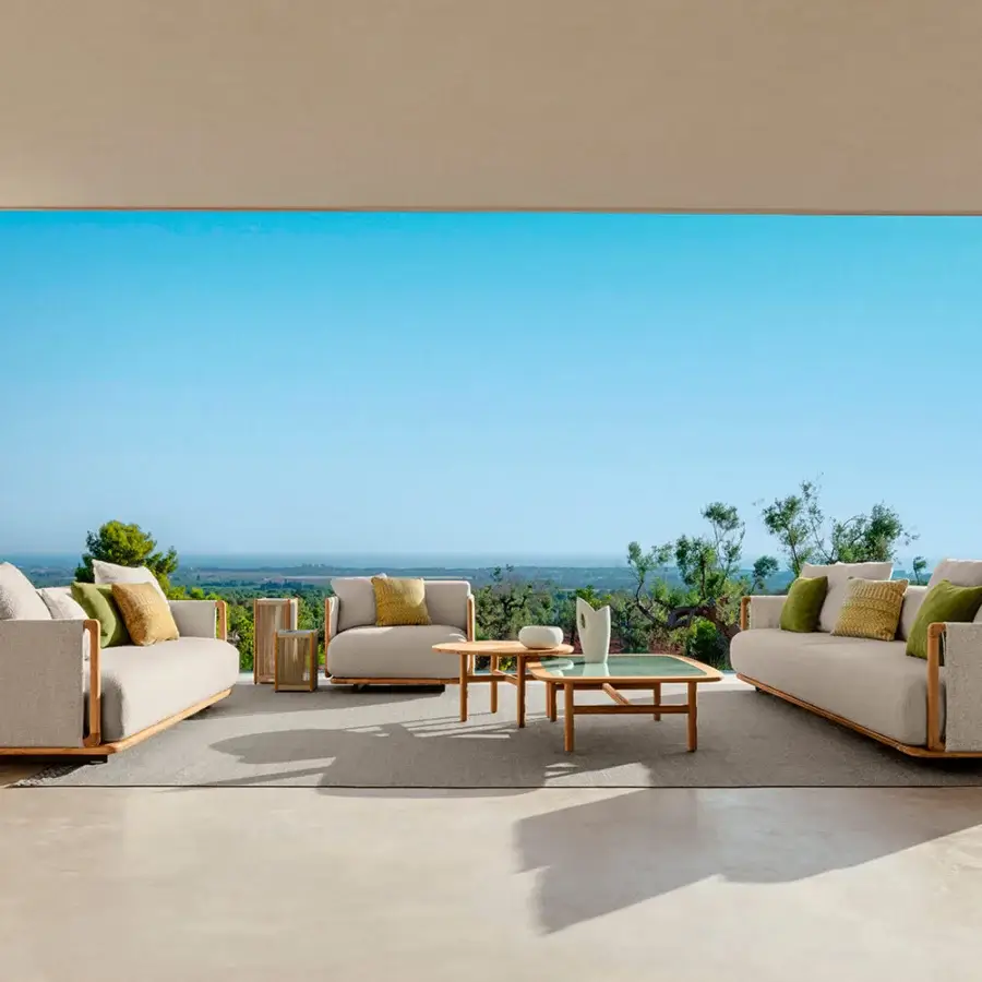 Superior Talenti Jun coffee table with natural teak structure and light-toned gres top with smooth finish