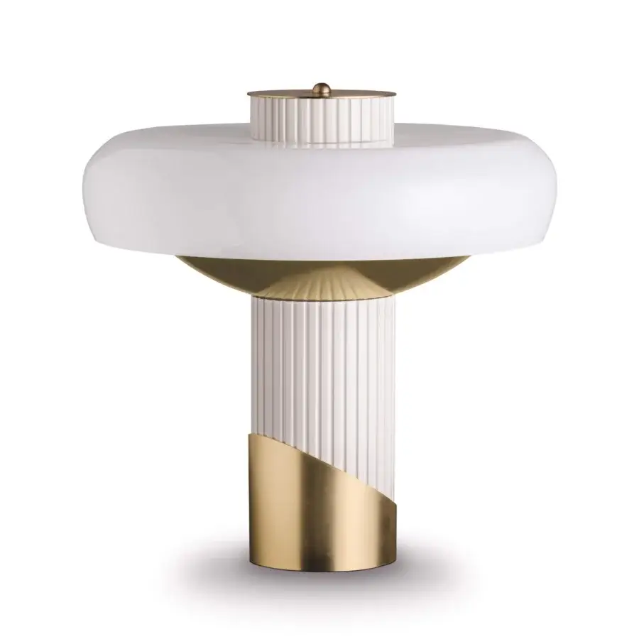 Exclusive Turri Claire table lamp with grooved white metal and brushed gold details, plus opaque white glass cap