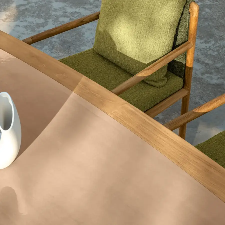 Exceptional Talenti Jun table with light-toned wood and gres top exhibiting soft, irregular shapes with a smooth matte finish