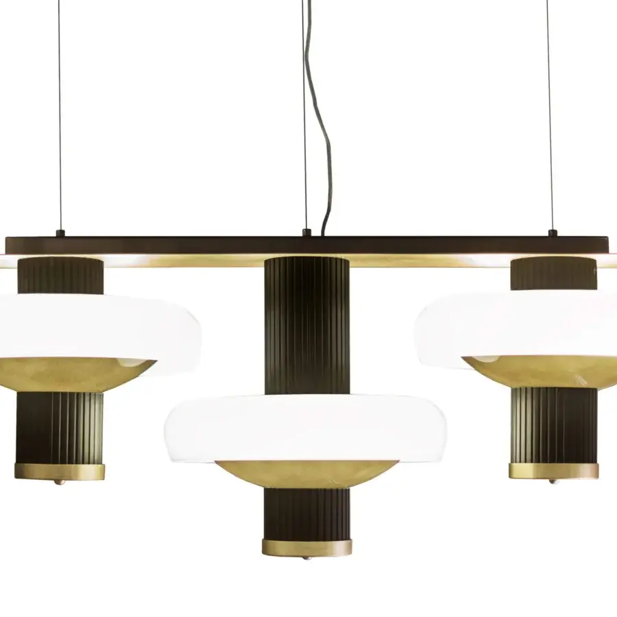 Distinguished Turri Claire suspension lamp with dark brown metal columns holding bronze and white glass discs creating a geometric form
