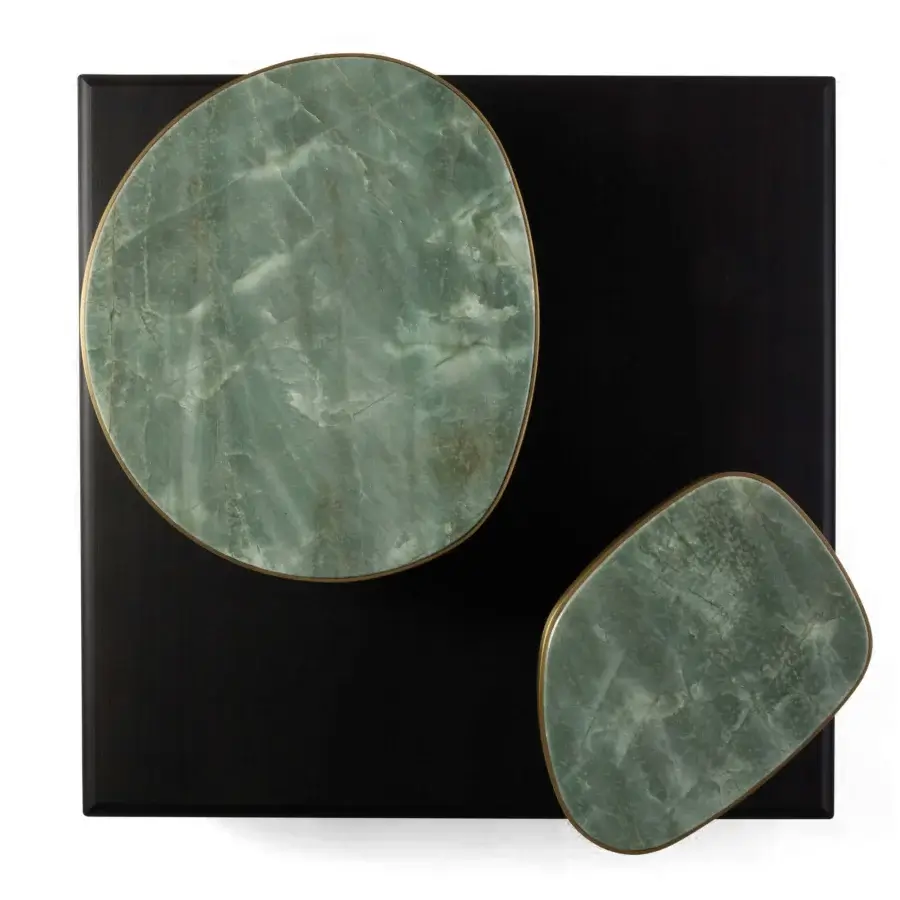 Superior BelMondo by Bellotti Ezio Pleiadi coffee table with rotating green surfaces and gold-toned rims in matte wood