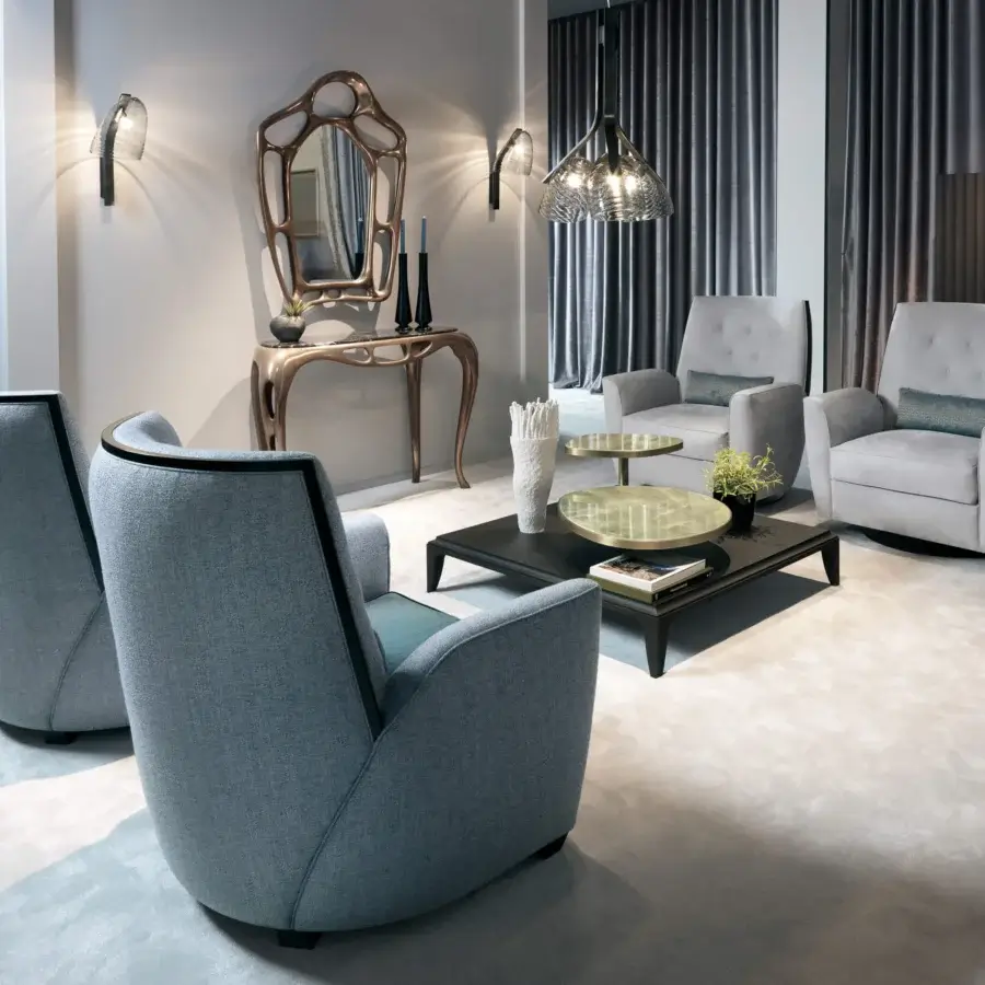 Exceptional BelMondo by Bellotti Ezio Pleiadi coffee table with suspended rotating islands and dark-toned matte finish