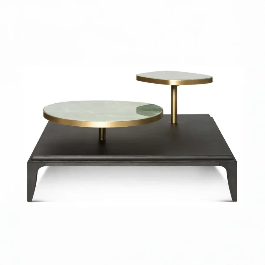 Superior BelMondo by Bellotti Ezio Pleiadi coffee table with rotating light green faux-stone surfaces and golden metal stems