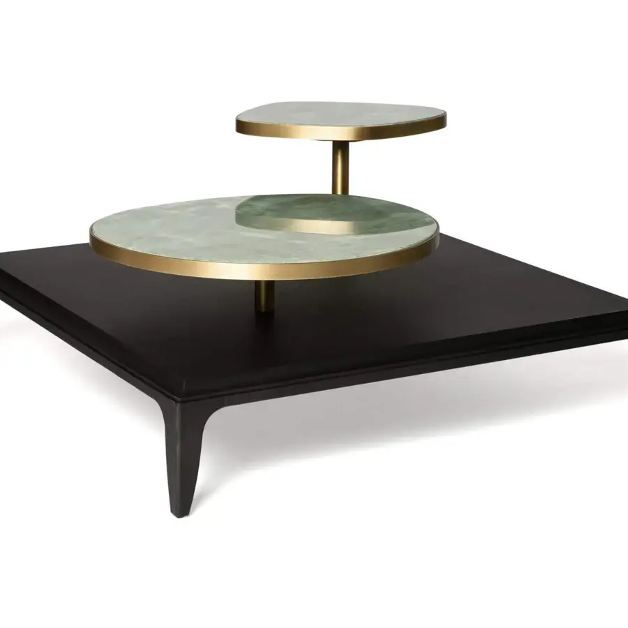 Distinguished BelMondo by Bellotti Ezio Pleiadi coffee table with rotating marble-like tiers and dark matte-finished wood base