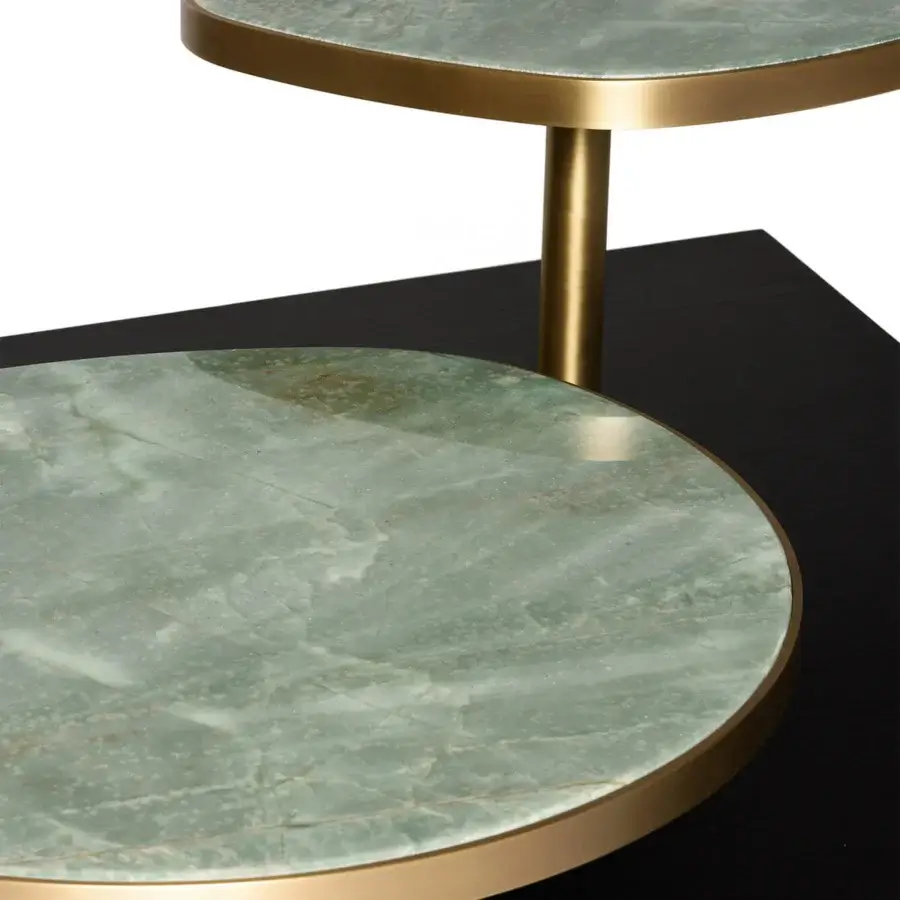 Distinguished BelMondo by Bellotti Ezio Pleiadi coffee table with light green marble-like surfaces and sleek gold-colored metal trim