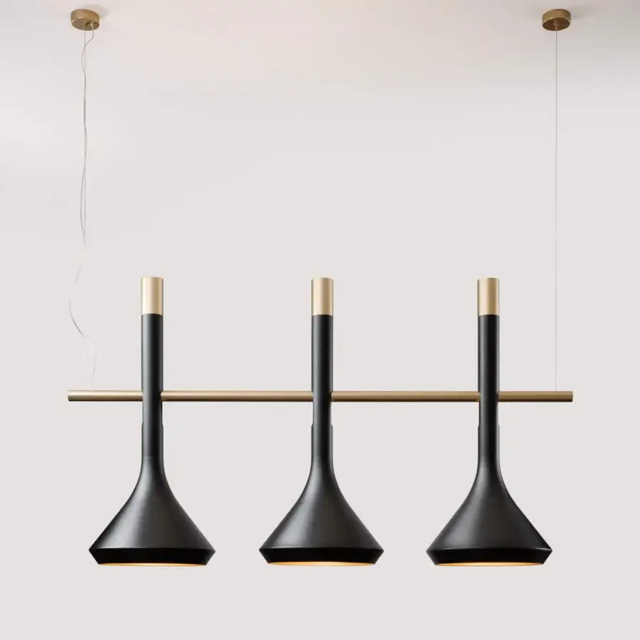 Superior Turri Tubular Bells suspension lamp with three dark metal shades and gold supports crafted in Italy with a matte finish