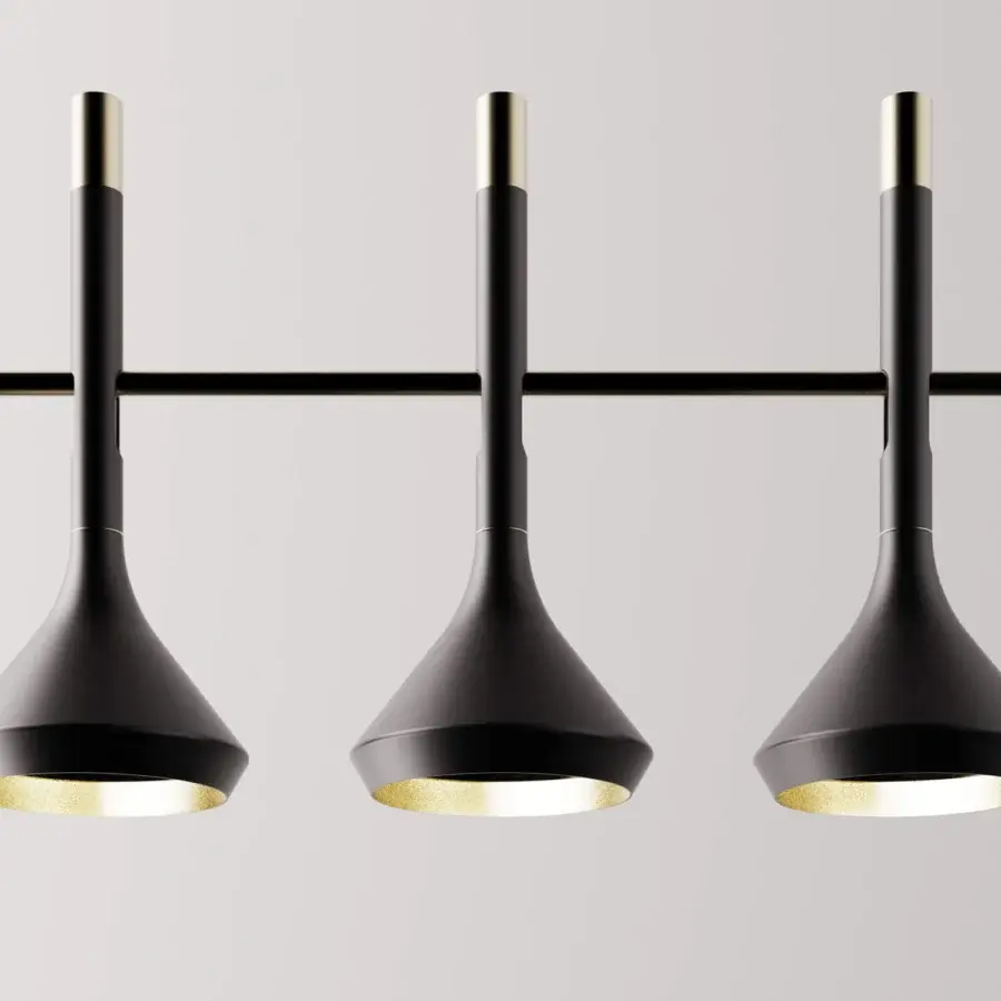Superior Turri Tubular Bells suspension lamp crafted in metal with dark matte cone shades and golden interiors
