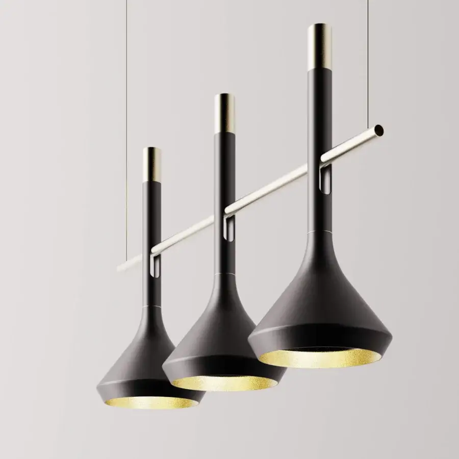 Exceptional Turri Tubular Bells suspension lamp in matte black metal with reflective gold interiors
