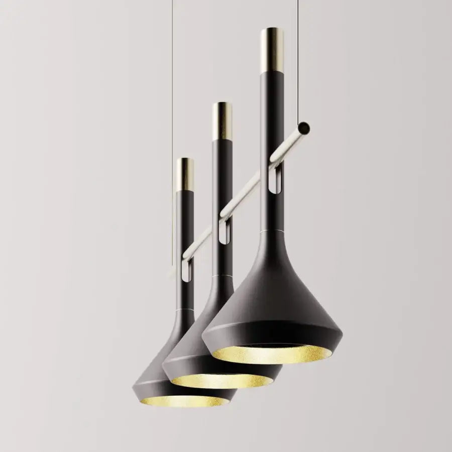 Superior Turri Tubular Bells suspension lamp with black metal shades and golden interiors diffused by a silver bar
