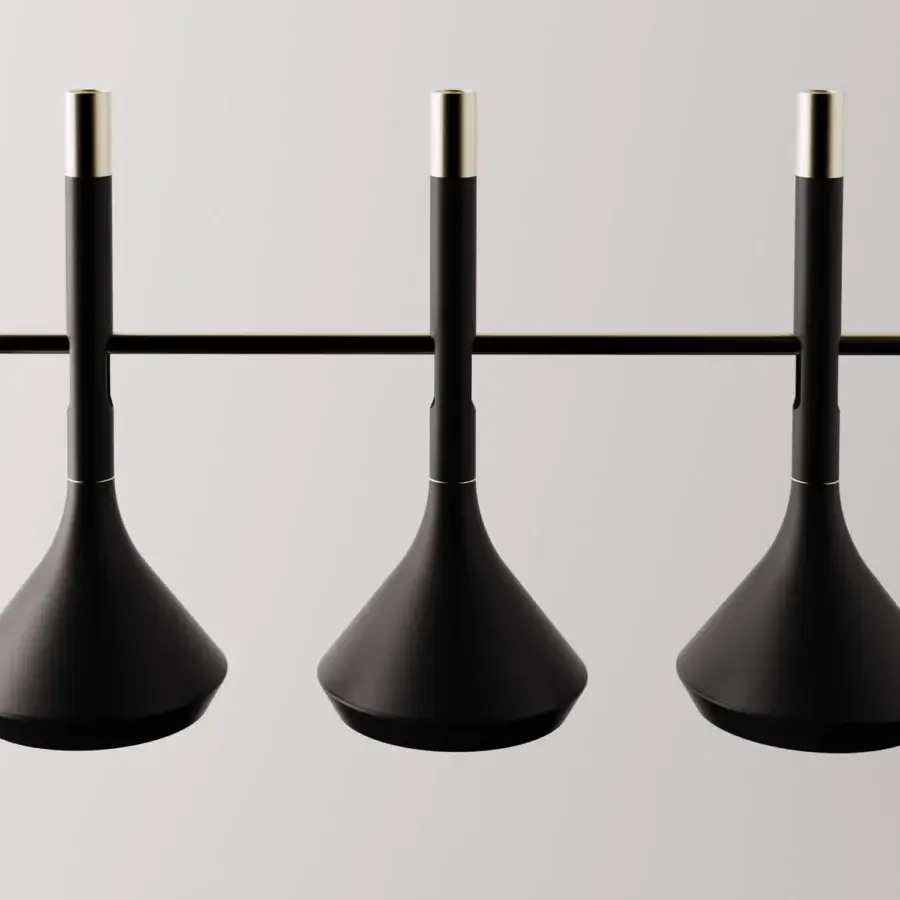 Superior Turri Tubular Bells suspension lamp with metal conical shades and gold accents in matte black finish