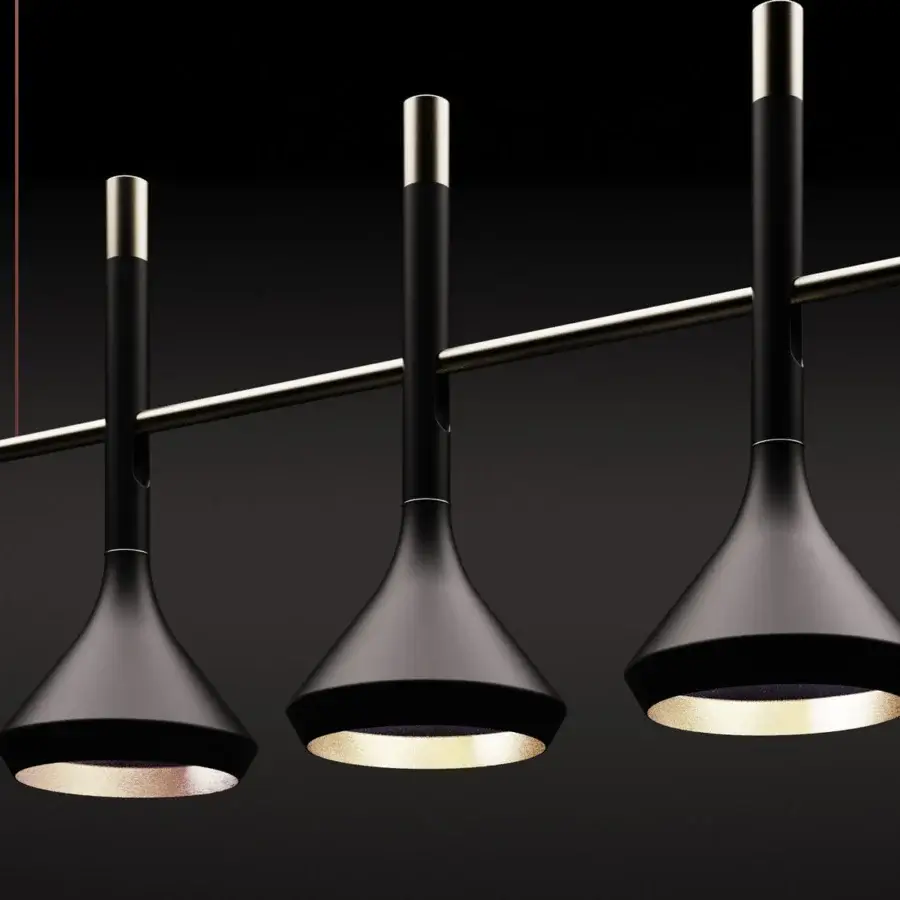 Superior Turri Tubular Bells suspension lamp with black metal conical shades and metallic interiors crafted in Italy