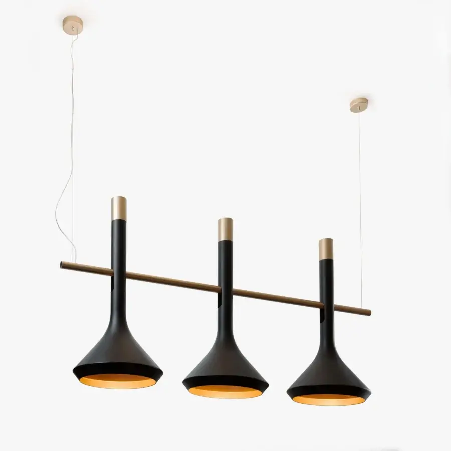 Distinguished Turri Tubular Bells suspension lamp with conical shades and bronze horizontal bar in matte black metal with gold interiors