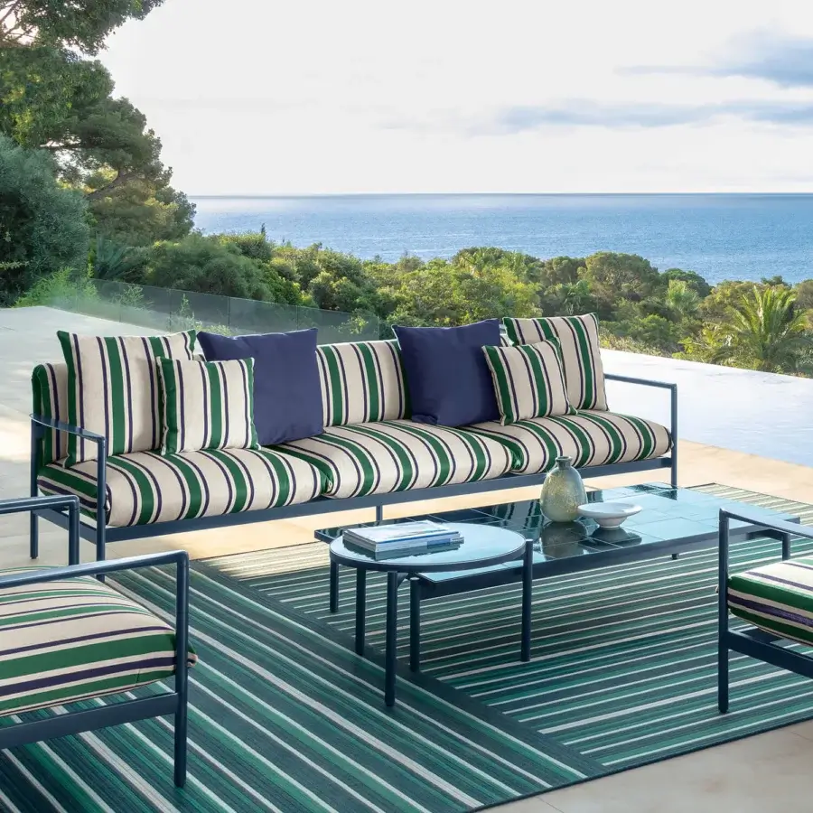 Exceptional Talenti Nalu sofa with semi-polished aluminum structure and thick striped cushions in light beige, dark green, plus solid navy blue accents
