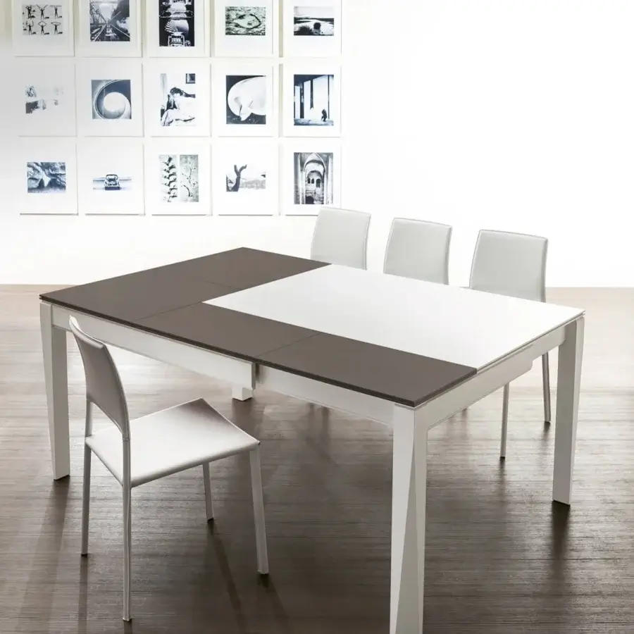 Superior Pacini & Cappellini Plurimo table with ash structure and Cimento, ash veneered tops in dark gray and white