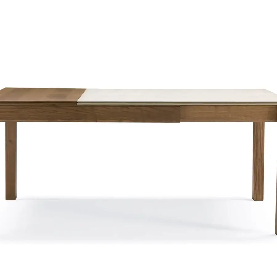 Elegant Pacini & Cappellini Plurimo table with smooth ash veneered top and trapezoidal solid ash legs crafted in contrasting light and medium brown tones