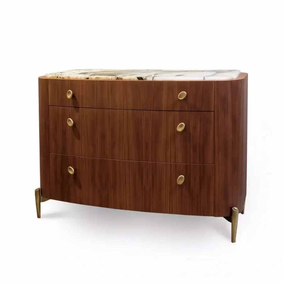 Distinguished BelMondo by Bellotti Ezio Lapeto dresser in warm-toned wood with golden knobs and a light beige stone slab top