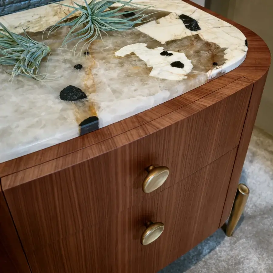 Elegant BelMondo by Bellotti Ezio Lapeto nightstand in reddish-brown wood with gold-toned hardware and a marble top