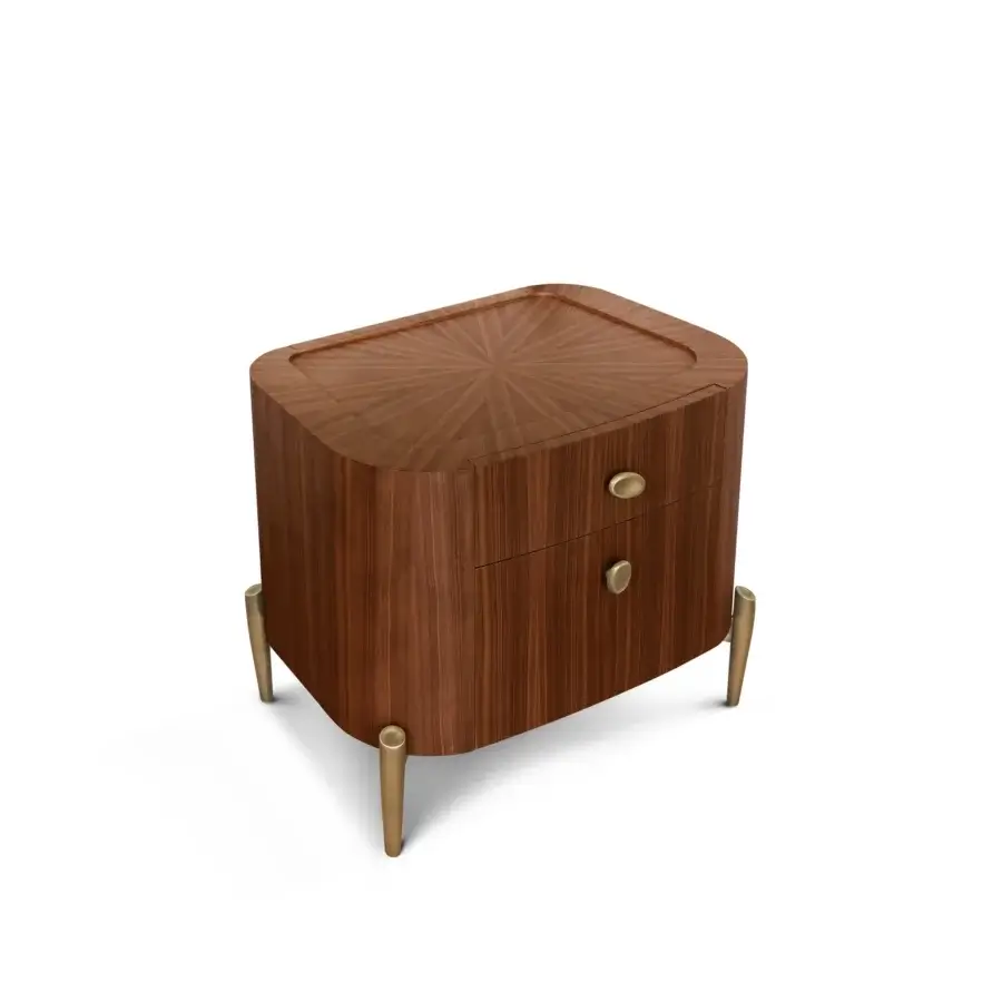 Distinguished BelMondo by Bellotti Ezio Lapeto nightstand with warm medium-brown wood and golden-toned metal legs, crafted in Italy with a satin finish
