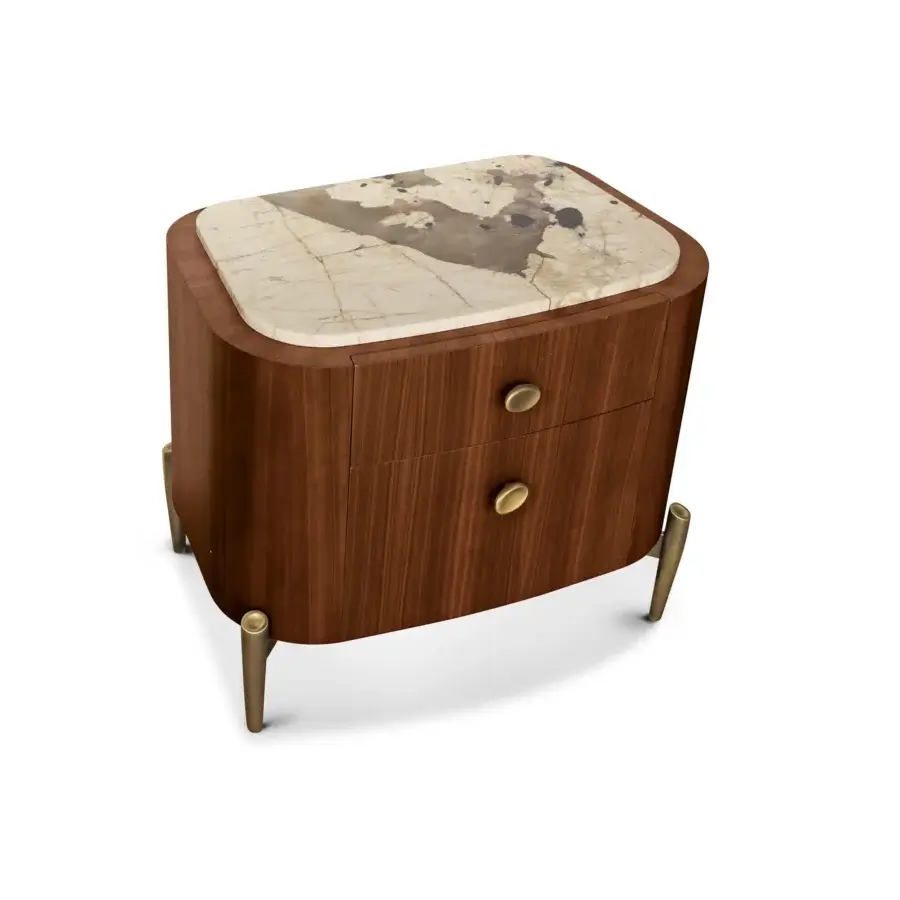 Elegant BelMondo by Bellotti Ezio Lapeto nightstand with warm medium-brown wood and light marble, crafted with golden metal legs