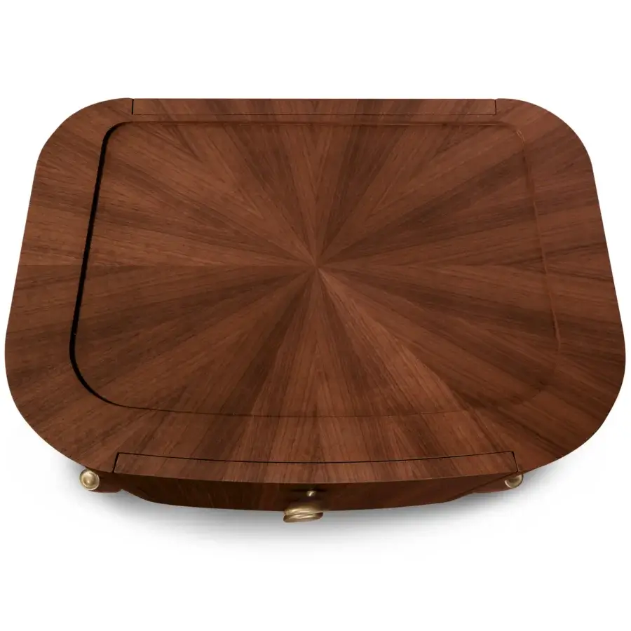 Distinguished Bellotti Ezio Lapeto nightstand with warm brown wood and satin finish displaying a sunburst grain tabletop