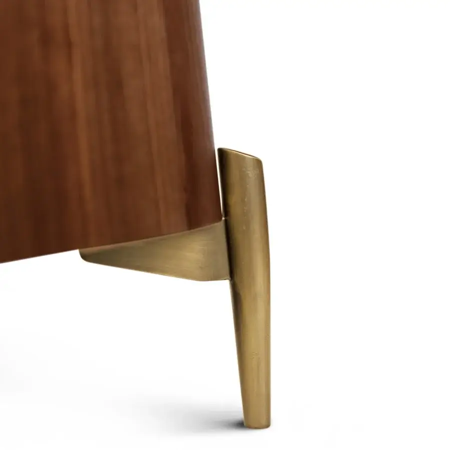 Exceptional BelMondo by Bellotti Ezio Lapeto nightstand with medium-brown wood grain and sculptural brass-finished legs in satin finish