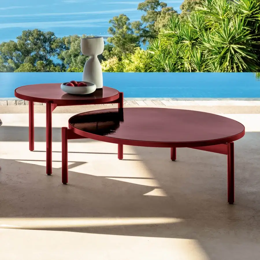 Superior Talenti Nalu coffee table with rounded form crafted in reddish-brown glazed stoneware and aluminum with a smooth matte finish
